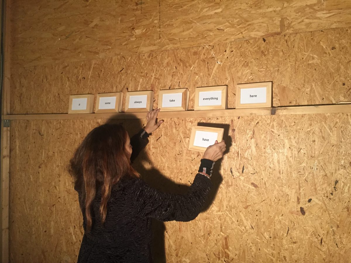 Kirstin is standing in front of Dirk Sorge's work Frames of Reference.