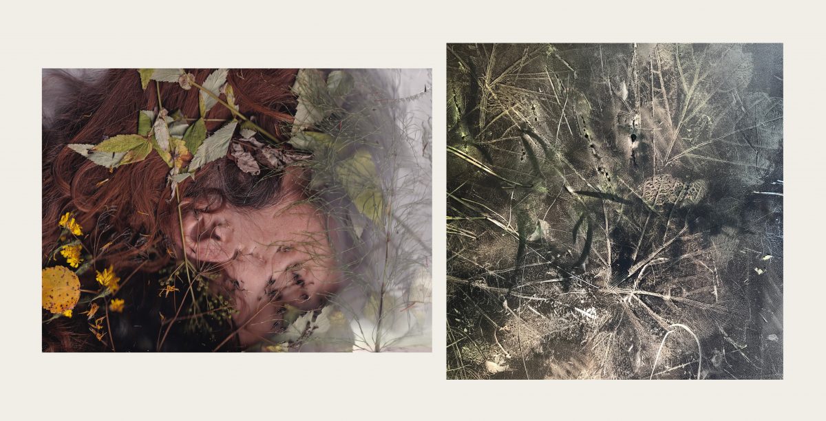 Ein fotografisches Diptychon eines Frauengesichts im Profil, das von fließendem rotem Haar, gelben Blumen und grünen Blättern umgeben ist und mit diesen verschmilzt. Daneben dann ein zweites Bild von Blättern und zarten Schatten.