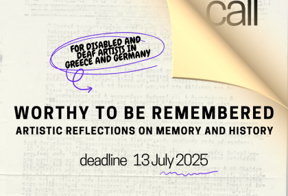 A document with typewriter writing is peeled back from the top right corner to reveal the words: open call. The project title "Worthy to be remembered, artistic reflections on memory and hiytory" along with the deadline of the 13th July are written. The logos of liminal, Berlinklusion, Seimio, the German Embassy in Athens and the Federal Foreign Office of Germany and the German Greek Futurefund.