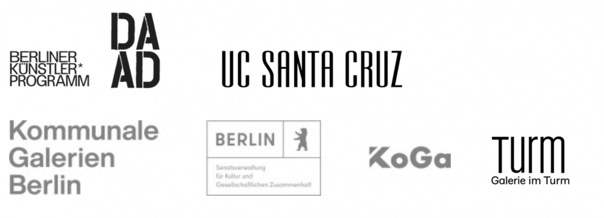 Logos of the Berliner Künstler Programm, DAAD, UC Santa Cruz, Kommunale Galerien Berlin, Berlin Senatsverwaltung für Kultur und Geselschaftliches Zusammenhalt, und Galerie im Turm.